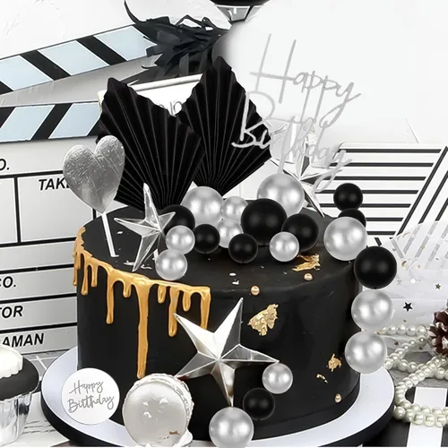 Miniatura 5 de MEMOVAN 26 piezas de decoración de pastel de cumpleaños para hombre, decoración de pastel bohemio negro, bolas negras plateadas, hojas de palma