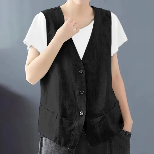 Miniatura 6 de COTECRAM Chaleco de lino de algodón para mujer, casual, sin mangas, con botones, ligero, para verano, holgado, ropa de abrigo