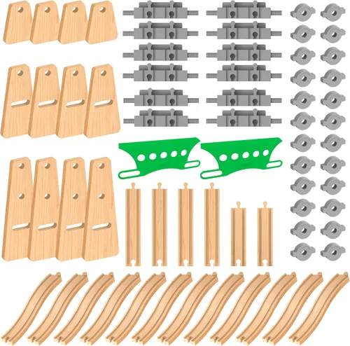 Miniatura 11 de Accesorios de madera para vías de tren Build & Play, 90 piezas de juguetes STEM de ferrocarril elevados, paquete de expansión de pistas ascendentes