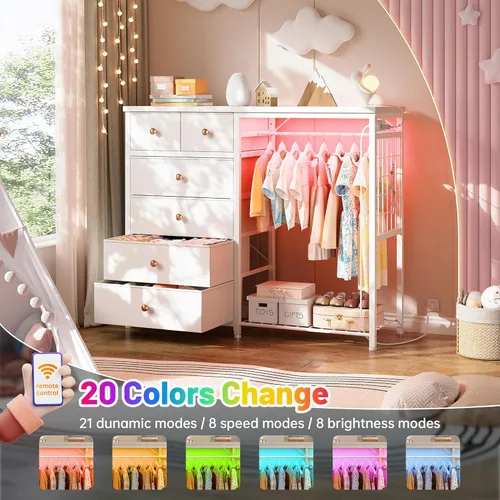 Miniatura 4 de EnHomee Cómoda blanca de 125 cm de ancho para dormitorio con estante colgante, cómoda de 6 cajones con luces LED y estación de carga, cómodas