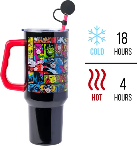 Miniatura 3 de Silver Buffalo Marvel Avengers - Vaso de acero inoxidable con asa, popote y tapa de pajilla, diseño de Iron Man, Capitán América, Blue Beetle, Thor