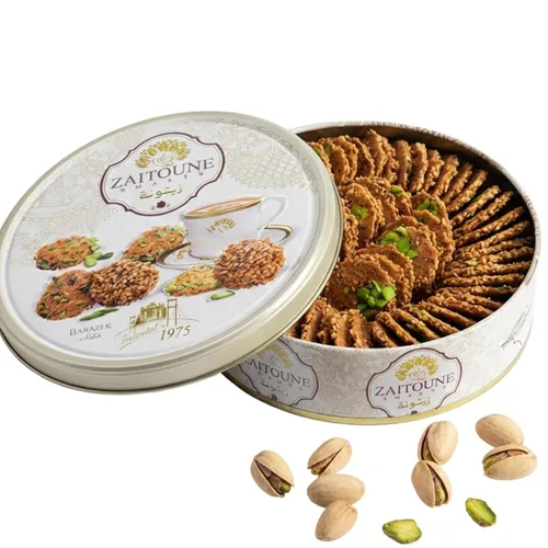 Zaitoune Galletas Barazek - 8.82 oz | Lujosas galletas crujientes de sésamo y pistacho hechas a mano en Turquía | Hermosa lata de regalo