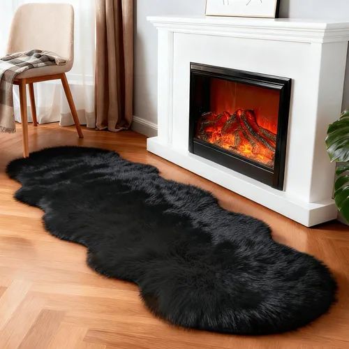 linmopm Alfombra de piel sintética de pelo lanudo esponjoso negro de 2x6 pies para dormitorio, cabecera de la cama, suelo, sala de estar, cojín de