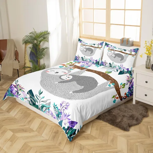 Miniatura 2 de Erosebridal Juego de ropa de cama de perezoso tamaño individual, adorable funda de edredón de perezoso en el árbol para niños y niñas, funda
