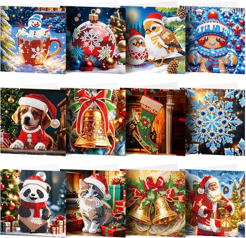 LUSandy Paquete de 12 tarjetas de Navidad con pintura de diamante 5D para adultos, tarjetas de felicitación de arte con diamantes para gatos,
