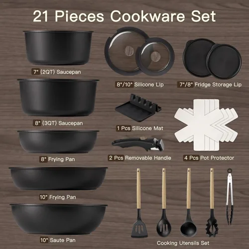 Miniatura 9 de Astercook - Juego de utensilios de cocina de cerámica antiadherente para RV, ollas y sartenes con mango desmontable/removible, apto para horno, Negro