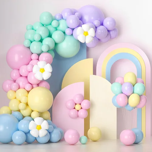 Kit de arco de guirnalda de 136 globos de color pastel, globos de macarrón de color pastel y margaritas para decoración de boda, aniversario,