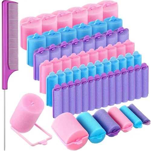Miniatura 7 de Syhood 56 rodillos de esponja de espuma, 6 tamaños, rizadores suaves para dormir, herramienta de esponja flexible, peine de cola de rata para Negro