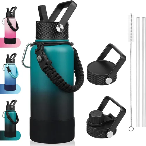 Miniatura 39 de BJPKPK - Botella de agua con tapa de popote, botellas de agua aisladas de 18 onzas con 3 tapas, asa de cuerda de paracaídas y base antideslizante