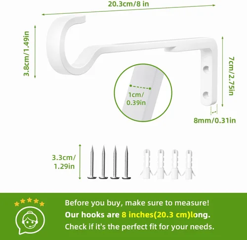 Miniatura 4 de Saffruff Paquete de 2 perchas blancas resistentes de 8 pulgadas para plantas al aire libre, soportes de hierro para colgar plantas en el exterior
