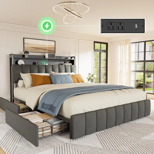 Miniatura 10 de PRAISUN Base de cama de tamaño matrimonial con cabecera tapizada y estación de carga, marco de cama de metal de tamaño matrimonial con 4 cajones
