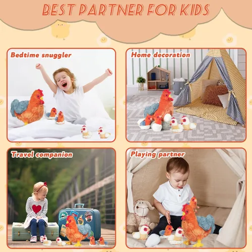 Miniatura 6 de Juego de peluche de pollo 9 en 1, juguete de peluche de pollo para niños, gallina ponedora de huevos con cremallera, pollos y huevos, juguetes