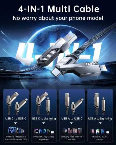 Miniatura 4 de Cable USB C ultra corto 4 en 1 de 0.6 pies compatible con cable Lightning [carga rápida y transferencia de datos] cable de carga plano trenzado