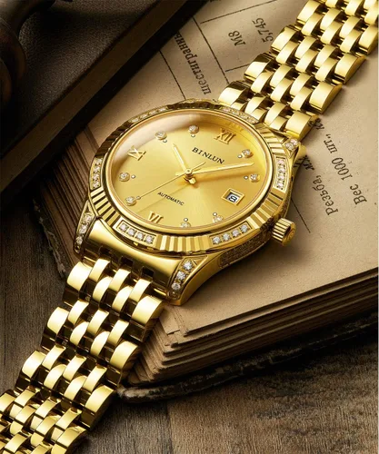 Miniatura 35 de BINLUN Reloj de pulsera para hombre, mecánico automático, reloj dorado con cuerda automática, elegante, chapado en oro de 18 quilates, relojes