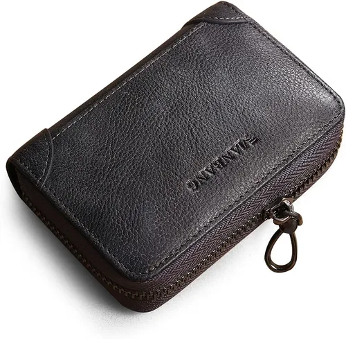 Rfid - Tarjetero de cuero genuino para hombre, organizador de tarjetas de crédito con cremallera.., Azul, Cartera Rfid