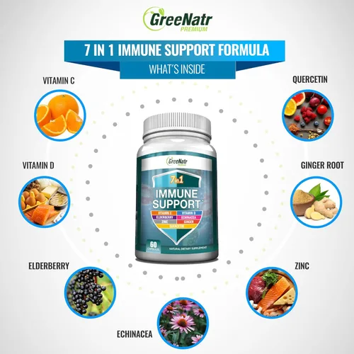 Miniatura 2 de GreeNatr Suplemento de apoyo inmunológico con vitamina C, D3, cinc 50 mg, quercetina, equinácea purpurea, sambucus saúco y jengibre para una defensa