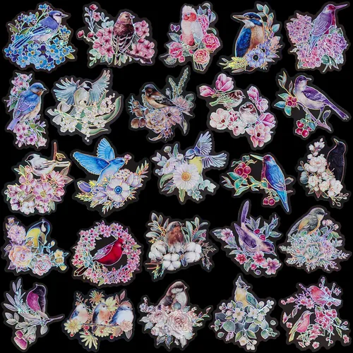 LakoArt 120 calcomanías de pájaros y flores con borde holográfico plateado y fondo transparente, calcomanías de álbum de recortes de naturaleza para