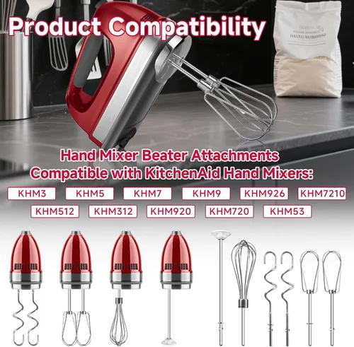Miniatura 4 de Batidor de mano para batidora de mano Kitchenaid KHM3 KHM5 KHM7 KHM9, incluye batidor, varilla de mezcla y gancho para masa, accesorios de batidora