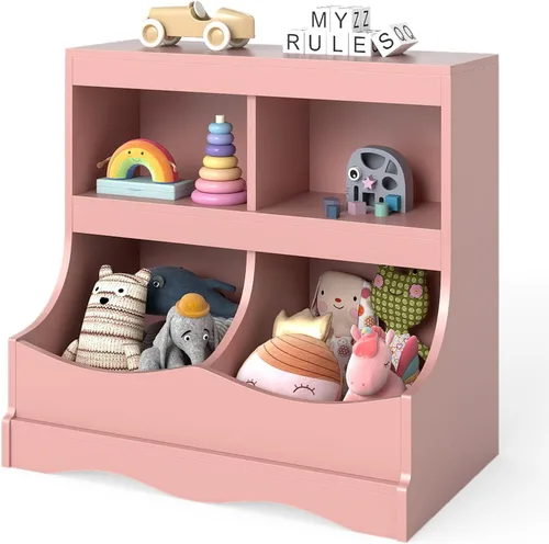 Miniatura 11 de Costzon Organizador de almacenamiento de juguetes, estantería para niños de 4 compartimentos con estribo y tarjeta de nombre, estantería de madera