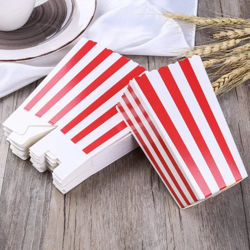 Miniatura 4 de 24 paquetes de cajas de palomitas de maíz con rayas rojas - Mini contenedores de papel para palomitas y caramelos para fiestas de carnaval, 2-Rojo