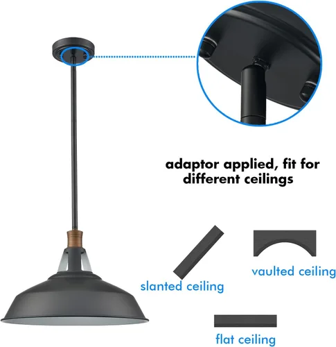 Miniatura 6 de CLAXY - Lámpara colgante negra para granja, barra colgante de granero Dimmable E26 Indoor Kitchen Hanging Pendant Light Fixture-15.3" Diameter