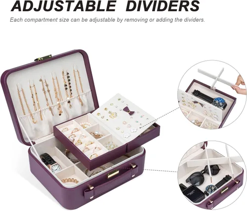Miniatura 6 de V-LAFUY Organizador de joyas de viaje, organizador de joyas de viaje grande, joyero de viaje y estuche portátil para joyas de viaje, rojo burdeos