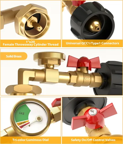 Miniatura 3 de HICOOI Adaptador de recarga de propano para tanques de 1 libra, con manómetro y válvula, codo de latón resistente de 90°, conector QCC1/Type1