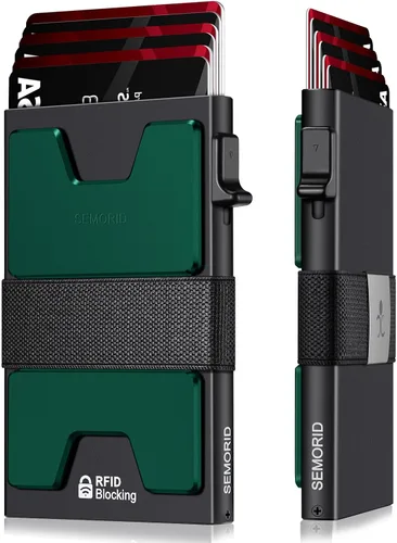 Miniatura 79 de Cartera delgada de aluminio para hombre, placa trasera expandible duradera, bloqueo RFID, billetera desplegable de metal minimalista, con capacidad