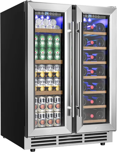 EUHOMY Refrigerador de vino y bebidas, enfriador de vino de doble zona de 24 pulgadas con puerta de vidrio que contiene 21 botellas y 88 latas,