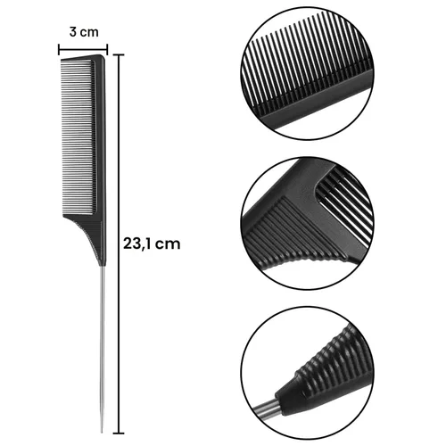 Miniatura 2 de Leinuosen 3 Paquetes Peine Cola de Rata con Pasador de Acero, Fibra de Carbono Resistente al Calor, Peines para Crepado con Punta de Acero Negro