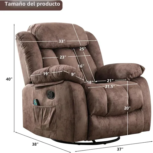 Miniatura 2 de CANMOV Sillón Mecedora Reclinable de Masaje con Calor y Vibración, Giratorio Manual de 360 Grados, Tela Antideslizante, Sofá Individual de Servicio