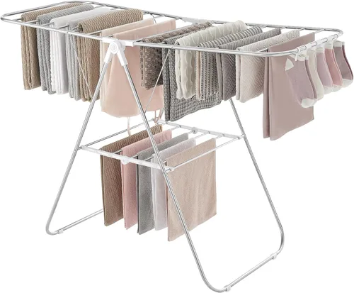 Miniatura 7 de SONGMICS Tendedero de secado de ropa, plegable de 2 niveles, aireador independiente, 1 barra colgante alta adicional, 2 alas ajustables en altura