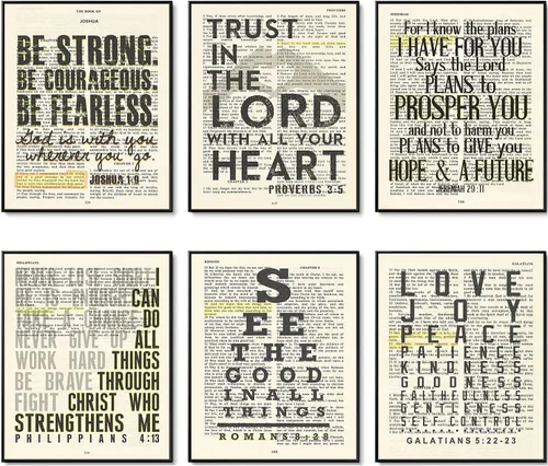 Impresiones artísticas de página bíblica cristiana vintage, juego de 6, sin marco, Josué 1:9, Proverbios 3:5, Jeremías 29:11, Romanos 8:28, Gálatas