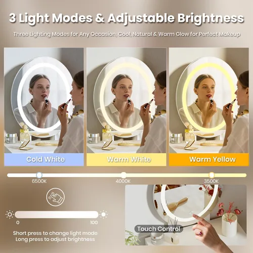 Miniatura 7 de Tocador pequeño con espejo y luces, tiradores de madera con taburete acolchado, 3 modos de iluminación, mesa redonda de maquillaje con rieles