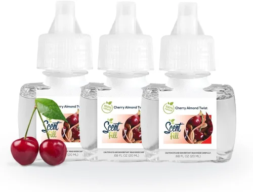 Scent Fill Ambientador 100% natural de cereza y almendra con enchufe, recambios de aceite perfumado, 3 recambios