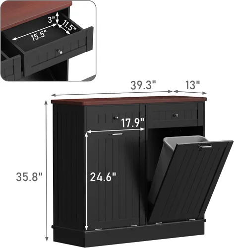 Miniatura 3 de Gabinete de Basura Inclinable, Isla de Cocina Estilo Antiguo con Tablero de Listones y Superficie de Madera Maciza y Cajón, Bote de Basura a Prueba