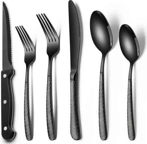 Miniatura 13 de EWFEN Juego de cubiertos negros de 24 piezas con cuchillos para carne, juego de cubiertos negros para 4, juego de cubiertos de acero inoxidable