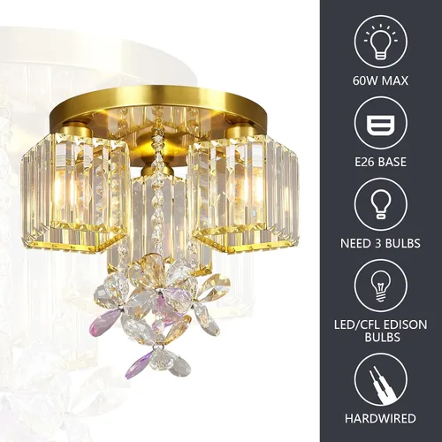Miniatura 3 de Lámpara de techo semiempotrada, 3 lámparas cerca del techo para cocina, entrada, dormitorio, baño, vestíbulo, moderno, cristal dorado, lámpara