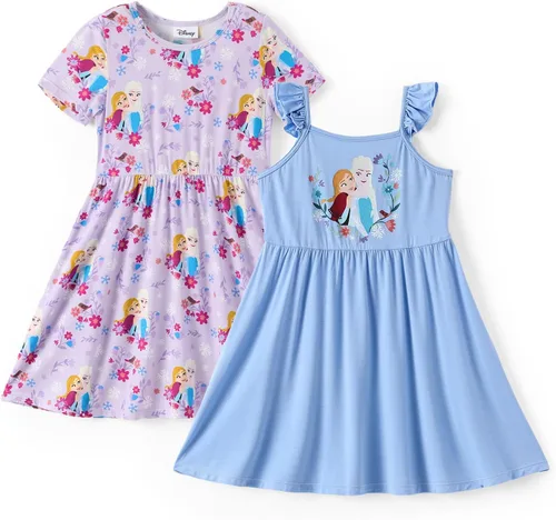 Miniatura 12 de Disney Vestidos de princesa Frozen Stitch Minnie para niña, paquete de 2 unidades, manga corta con volantes, suave de viscosa de bambú, traje