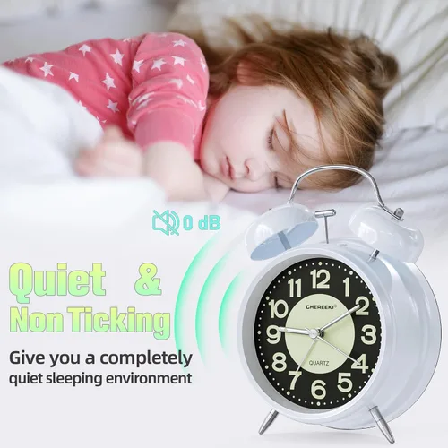 Miniatura 7 de CHEREEKI - Reloj despertador potente para personas que duermen profundamente, reloj analógico silencioso sin marcas con luz de fondo, esfera