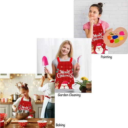 Miniatura 5 de Delantal para niños y niñas, delantal de cocina ajustable con bolsillo para cocinar, hornear, arte, pintura, jardinería Feliz Navidad
