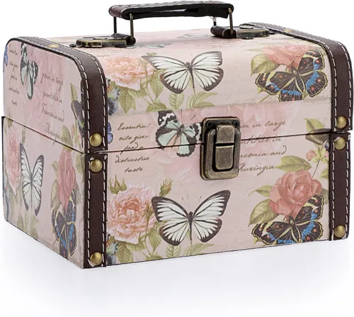 Miniatura 13 de ELLDOO Caja Decorativa de Cofre del Tesoro, Caja de Almacenamiento de Madera + Cuero PU para Joyas y Baratijas, Caja de Recuerdos para Mujeres