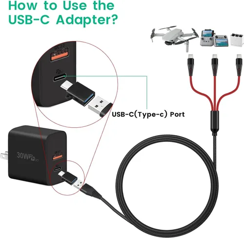 Miniatura 5 de Cargador para DJI Mini 4 Pro, Mini 3 Pro, Mavic 3, Air 2S, Avata Drone, cable de carga rápida 3 en 1 3A USB C con adaptador para controlador remoto