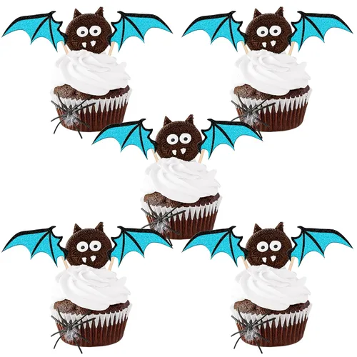 Miniatura 40 de 30 piezas de adornos para cupcakes con purpurina – Púas de cupcakes de Halloween para niños, cumpleaños, festival, fiesta, decoración de pasteles