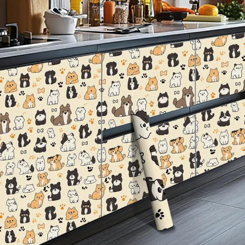 Miniatura 6 de HOMETITUTE Papel tapiz para mascotas mixto color beige, para despegar y pegar, bonito patrón de gato y perro, papel de contacto, papel de pared
