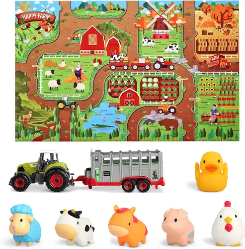 Oriate Transportador de tractor de granja con animales de granja de dibujos animados y tapete de juego, paquete de 6 juguetes rociadores de baño de
