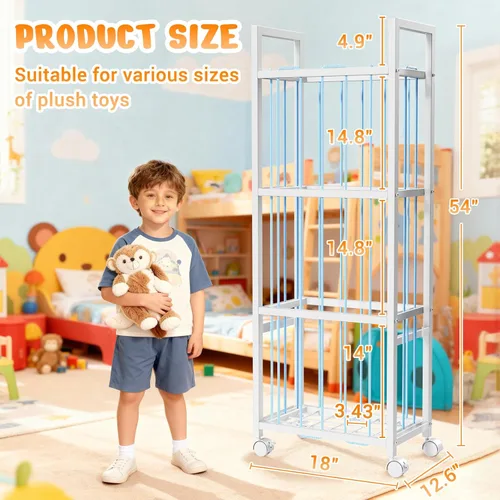 Miniatura 2 de Almacenamiento de animales de peluche, soporte de metal para animales de peluche con ruedas y cordones elásticos, organizador de juguetes