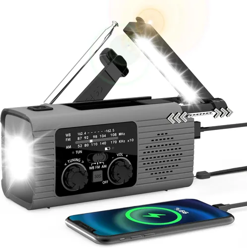 Nitigo - Radio de emergencia, radio solar de manivela, portátil, AM/FM NOAA, con linterna LED, batería, alarma SOS, lámpara de lectura giratoria
