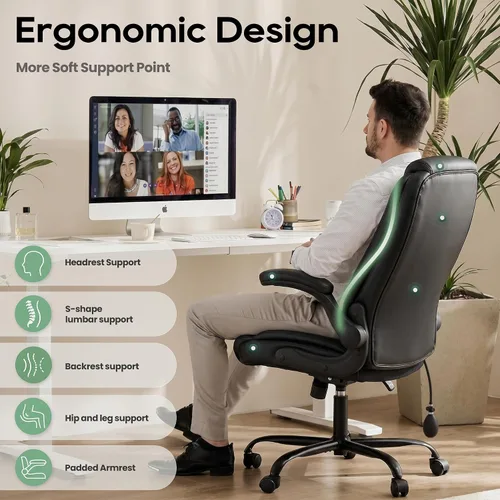 Miniatura 5 de MALOL Silla de oficina de cuero, silla de escritorio para computadora con soporte lumbar ajustable, cojín grueso, brazos abatibles y respaldo Negro