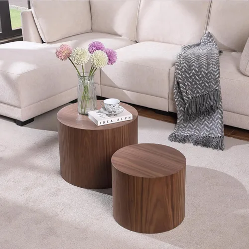 Miniatura 3 de Juego de 2 mesas auxiliares redondas, mesa auxiliar anidable y mesa auxiliar de madera con tambor circular pequeño para sala de estar, oficina, sin